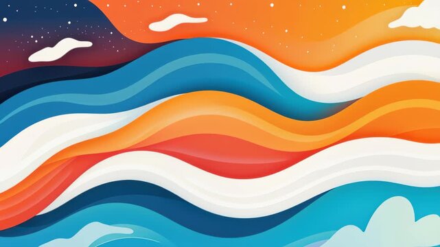 Abstract Waves of Color: A vibrant abstract design featuring flowing waves of color, transitioning from deep blues and whites to warm oranges and reds, evoking a sense of dynamism and harmony.