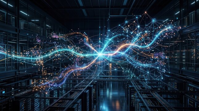 Glowing energy paths flowing through a high-tech data center.