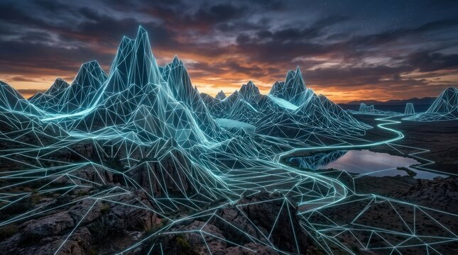 Digital wireframe mountain landscape glowing under a twilight sky.