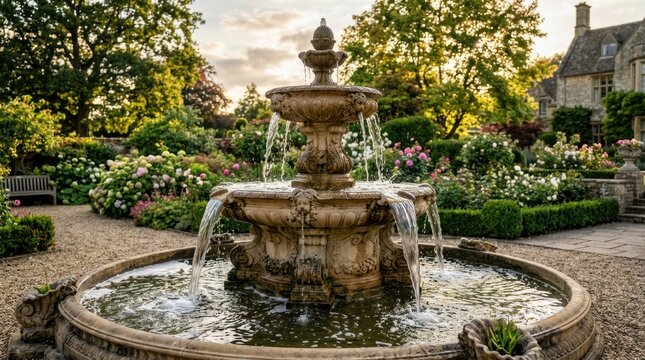 Classic stone fountain in a lush English garden at sunset