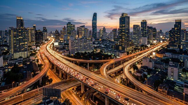 Aerial view of illuminated city highway at night.