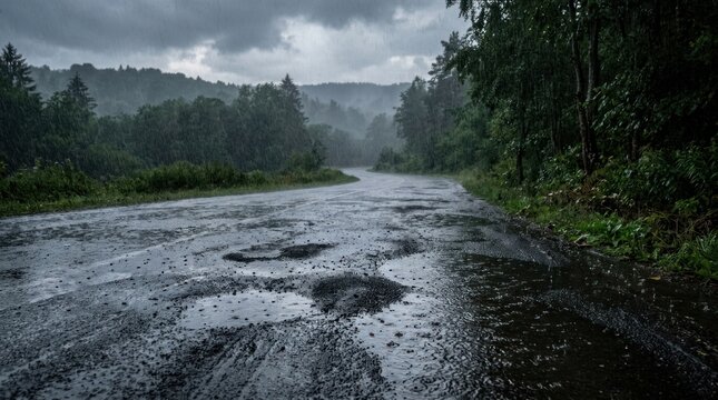 Damaged asphalt road with water-filled potholes in forest.
