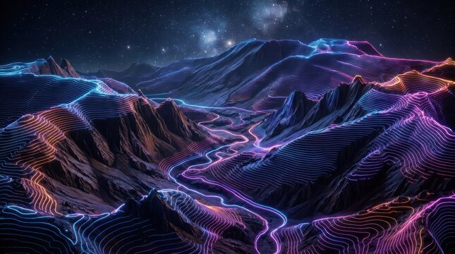 Abstract topographical landscape with neon blue and purple lines.