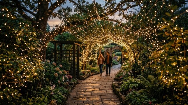 Garden stone path under archway decorated with fairy lights.
