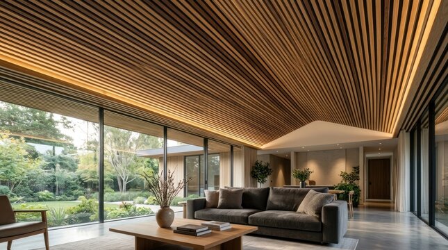 Modern luxury living room with wood slat ceiling windows.