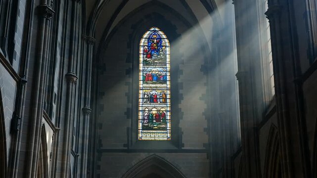 Sunlight rays streaming through stained glass window inside grand gothic church interior