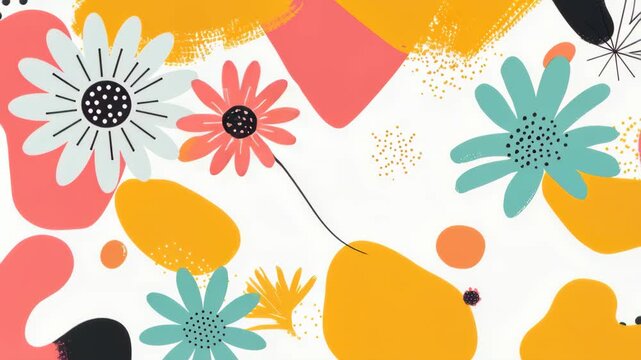 Abstract Floral Delight: A vibrant and playful abstract design featuring stylized flowers in bold colors and whimsical shapes, creating a cheerful and artistic composition.