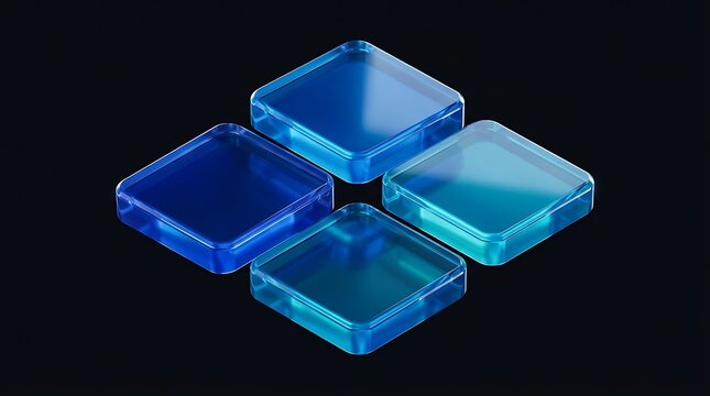 Squares glow with bright blue light on a dark reflective surface.