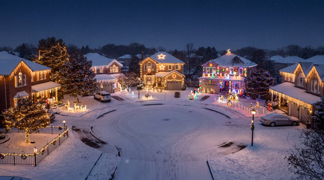 Snow-covered suburban cul-de-sac with homes decorated in holiday lights and trees. Winter neighborhood at night. Christmas and New Year celebrations. Residential holiday displays.