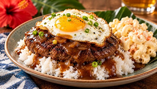 Hawaiian loco moco is complete, with white rice, hamburger patty, rich brown gravy, fried egg, and macaroni salad clearly presented.