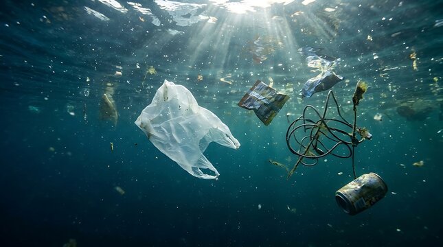 Plastic bag floats among debris in the dark deep sea.