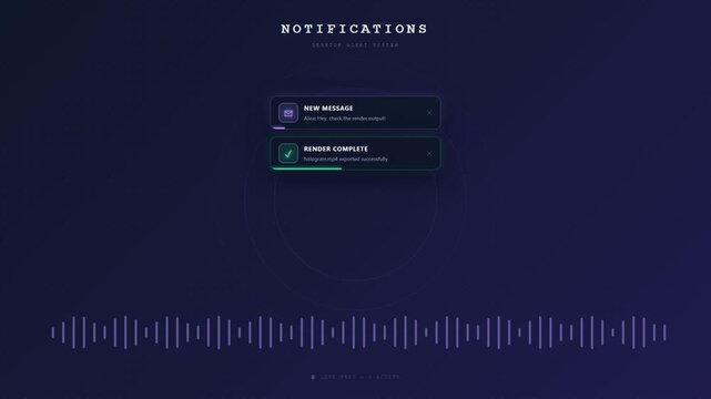 Digital User Interface Notification System Design Featuring Minimalist Alerts and Audio Frequency Visualization Elements for Modern Software