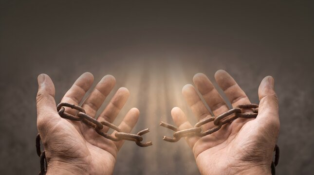 Human hands hold broken rusty iron chains while reaching upward toward a glowing ray of light against a dark textured background.