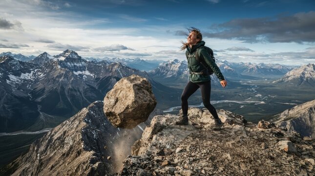 Woman hiker on mountain summit kicking a falling boulder into a valley of snowy peaks. Strength and power concept. Overcoming obstacles and determination. Adventure and achievement.