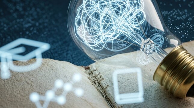 Glowing light bulb filled with complex digital network inside, symbolizing innovation, knowledge, and bright ideas, placed on an open book, conceptual knowledge transfer and learning