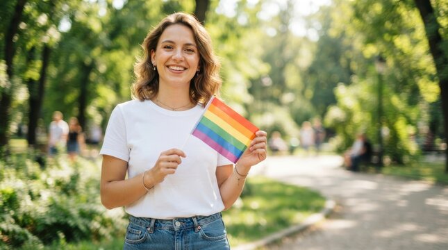 Smiling woman holding rainbow pride flag in sunny green park. Happy person with LGBT symbol outdoors. Pride month celebration. Diversity, inclusion and equality concept.