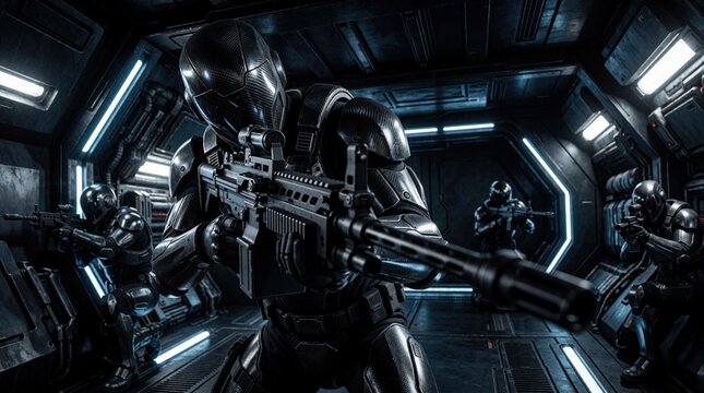 Futuristic soldier in black armor holds rifle inside dark spaceship corridor. Tactical military troops move through sci-fi space station tunnel. Armed warriors prepare for combat battle against alien