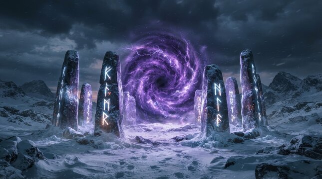 Glowing runestones circle under purple magical vortex in snowy mountain landscape. Fantasy stone monoliths with carved runes. Norse mythology, ancient magic and portal concept.