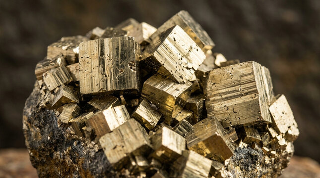 Clustered natural golden pyrite mineral cubic crystals with sharp metallic faces