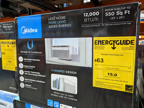 Details of a Midea window air conditioner with specific features and energy information