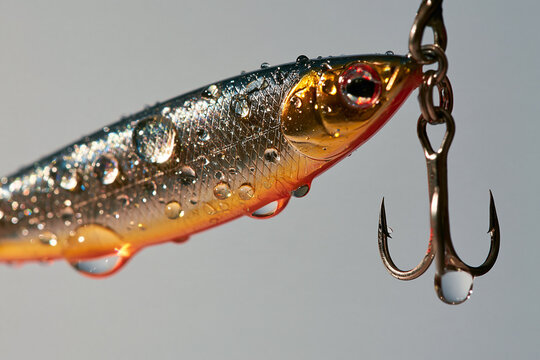 Close-up of a Shiny Fishing Lure with Water Drops and Hook