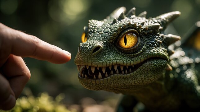 Human finger touches green reptile nose. Small dragon creature with yellow eyes, sharp teeth looks at hand. Fantasy monster textured scales, spikes. Close up of mythical lizard head in tropical