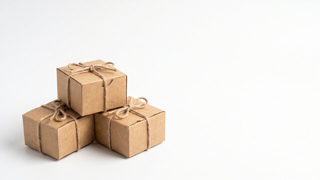 Three Kraft Paper Gift Boxes Tied with Twine on White Background
