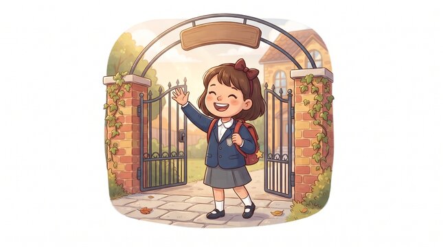 Happy school girl in uniform with backpack waving goodbye at school gate