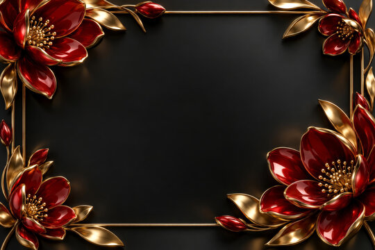 Ornate red and gold floral outer border frame with glossy petals and metallic leaves on a black background with copy space