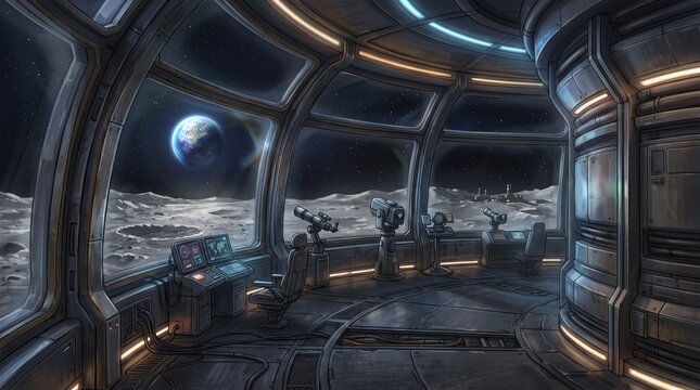 Futuristic Lunar Observatory Inside a Moon Base with Earth Visible Through a Panoramic Window