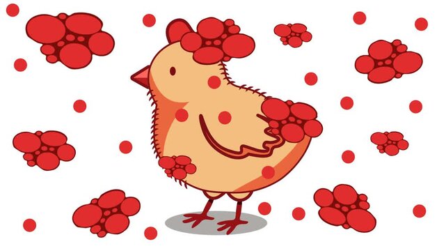 Medical vector animation displaying a symbolic chick covered with red eruptive vesicle rash lesions, highlighting chickenpox (varicella), shingles (herpes zoster), measles, rubella, smallpox, mpox