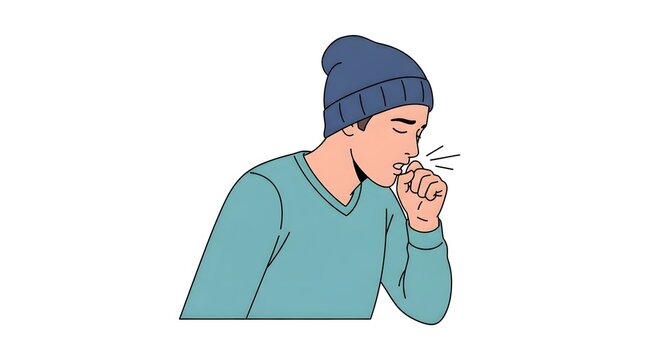Vector Illustration of a Young Man Coughing Covering His Mouth.