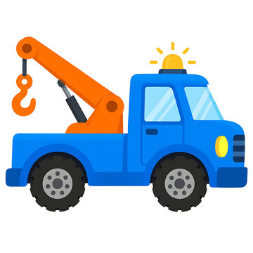 Vector illustration of a blue tow truck with an orange crane and hook.