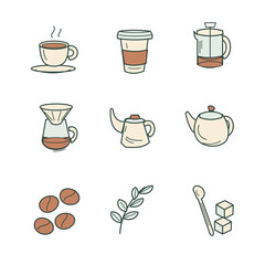 Obraz premium Cafe coffee and tea line art illustration collection with editable brewing objects