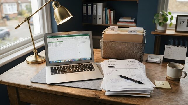 A laptop computer and a stack of paper invoices sit on a wooden office desk with laptop with laptop