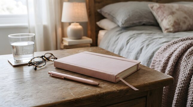 A pink journal and a matching pen resting on a rustic wooden nightstand in bedroom with eyeglasses sit wooden table beside bed cozy bedroom