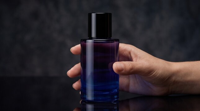 Luxury Cosmetics Mockup Woman Holding Dark Blue Glass Fragrance Bottle on Black Table