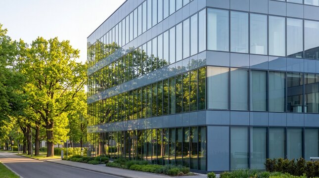 Sustainable Glass Building with Eco Friendly Green Tree Reflecting in Modern City Landscape