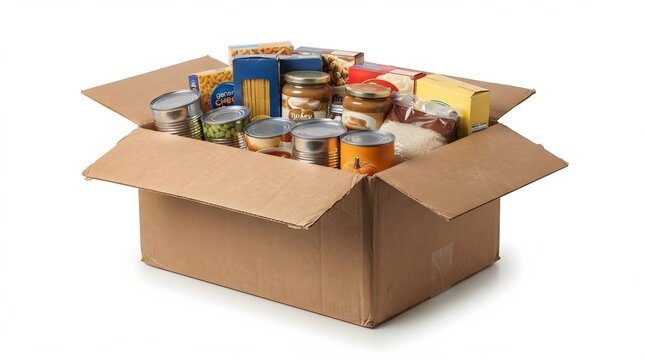 A cardboard box filled with various non perishable food items and dry goods for donation purposes with dry pantry staples food assistance