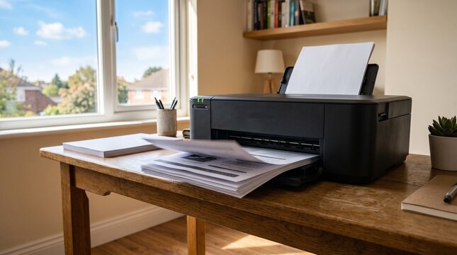 Modern home office printer printing documents on wooden desk