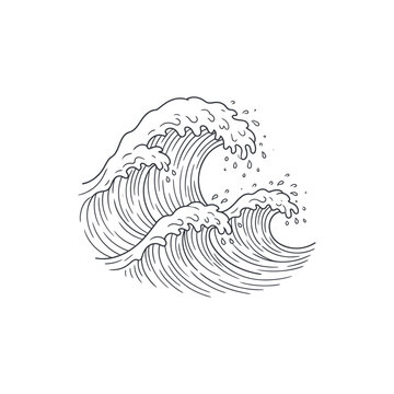 Stylized Line Art Illustration of Crashing Ocean Waves.