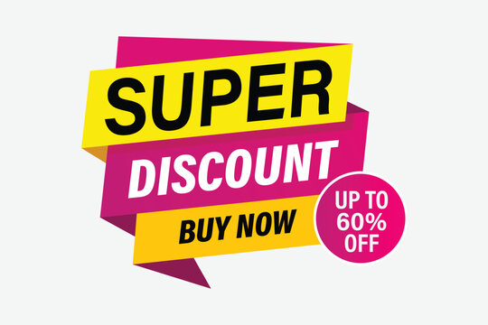 Super discount banner with bold typography and up to 60 percent off badge, isolated on white background for retail marketing and promotional sales campaigns