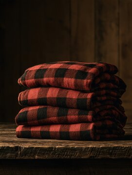 Four oversized flannel shirts, folded neatly and stacked, feature a red and black buffalo check pattern. They are on a dark wood surface.