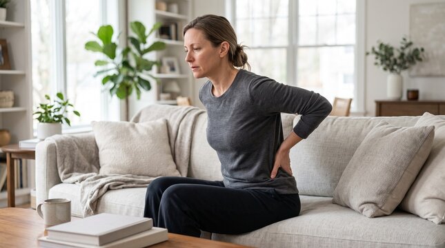Adult woman sitting on a living room sofa experiencing lower back pain while leaning forward