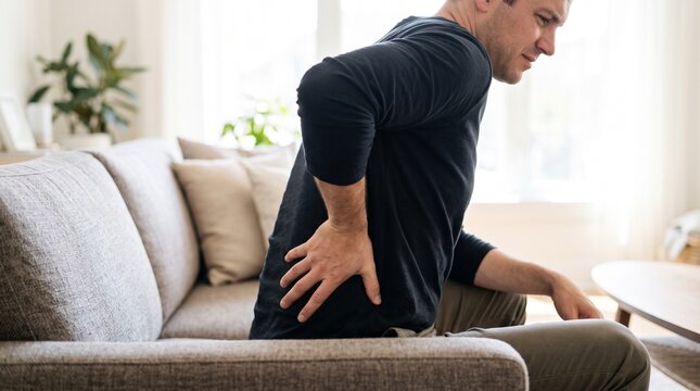 Man having lower back pain sitting on couch at home
