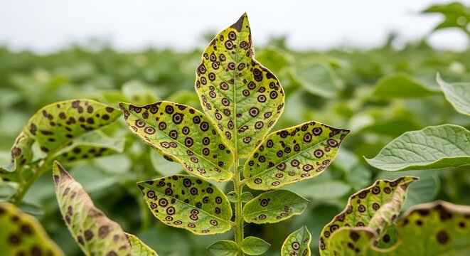 Potato leaf with early blight fungal infection in agricultural field