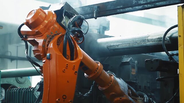 Orange Robotic Arm Operating inside Industrial Factory with Steam - 4K