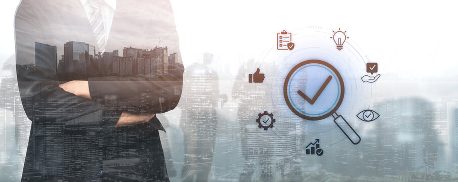 A businessman stands against a city view, with a magnifying glass icon representing focus on success, analysis, and innovation in a dynamic corporate environment. Nascent