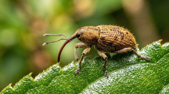Macro shot of a weevil beetle resting on a green leaf. Detailed wildlife nature photography highlighting insect diversity, entomology science, and forest ecology.