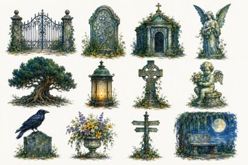 Fototapeta premium Gothic cemetery objects, angel statues, gates, tombs, flowers